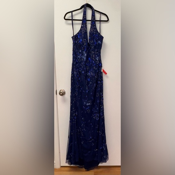 NWOT Mac Duggal navy blue FLORAL EMBELLISHED HALTER GOWN 16 - Picture 5 of 8